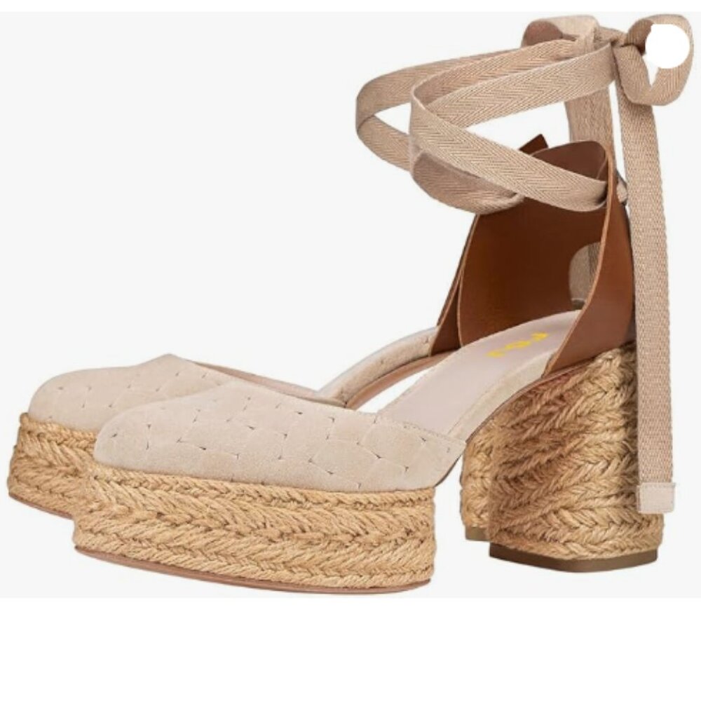 FSJ Nude Chic Espadrille Platform Sandal with Strappy Ankle Tie Closed Toe Shoes